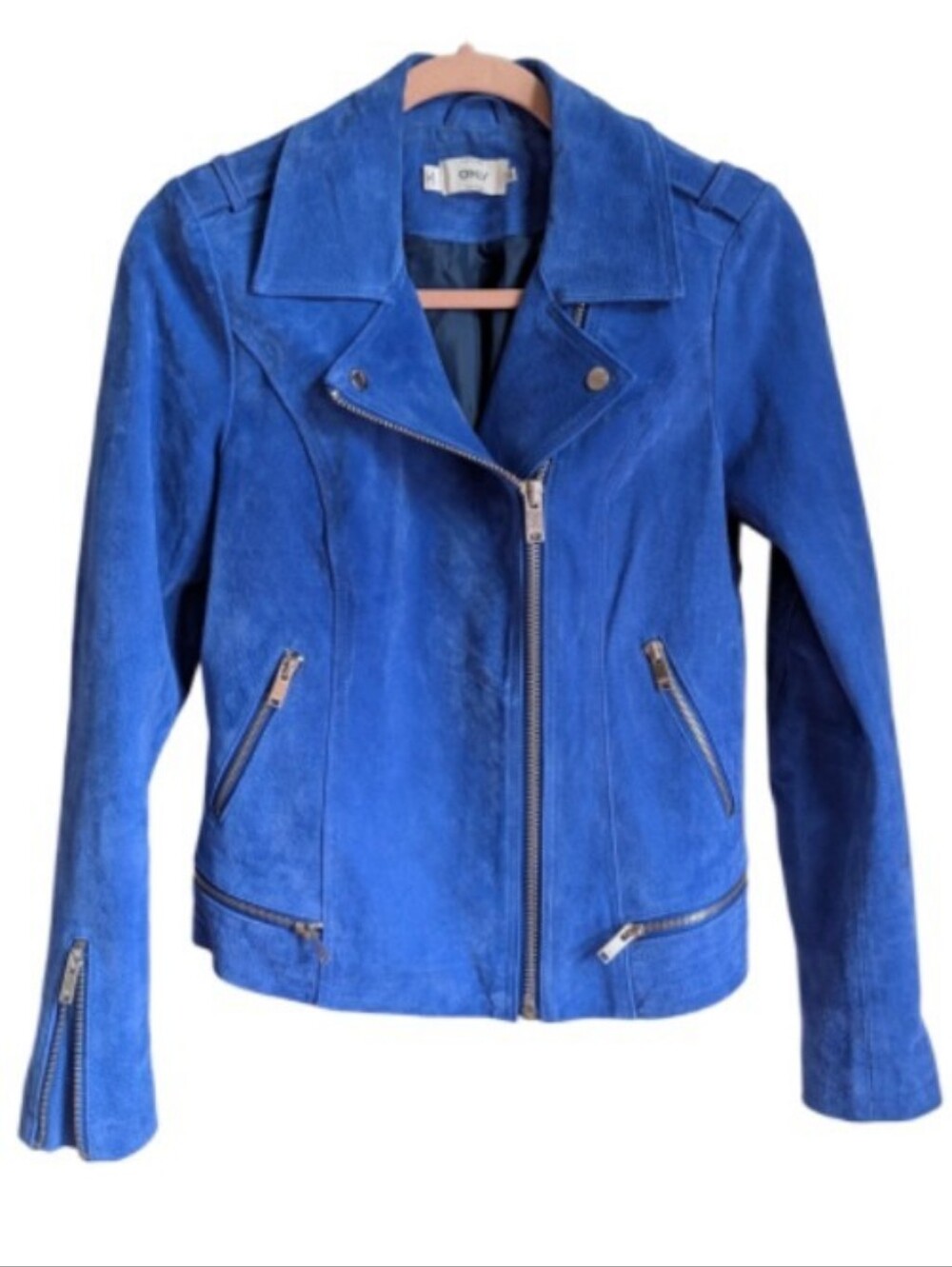 ONLY Electric Blue Suede Leather Bohemian Streetwear Biker Moto Jacket Small
